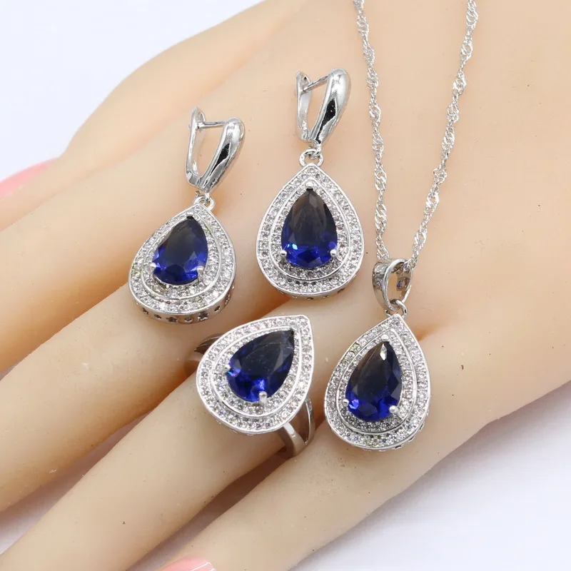 925 серебряные ювелирные наборы для женщин вечерние свадебные Темный браслет из голубых кристаллов серьги ожерелье кулон кольца подарочная коробка