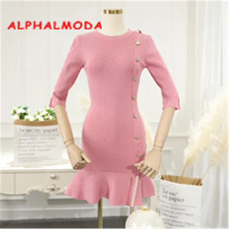 

ALPHALMODA 2018 New Styles Half-sleeved Knitted Dresses Single Breasted Solid Color Ladies Elegant Mermaid Vestidos