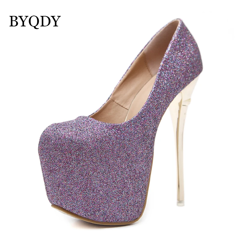 BYQDY/пикантные туфли-лодочки на платформе; женская обувь на очень высоком каблуке-шпильке; обувь с круглым носком; блестящая обувь с блестками для ночного клуба; Свадебная женская обувь