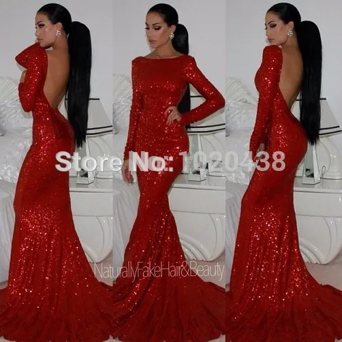 

2015 New Fashion backless Sparkly High Neck Sequined Mermaid Red Prom Dresses Long Sleeves Sexy Long Formal Evening Gown