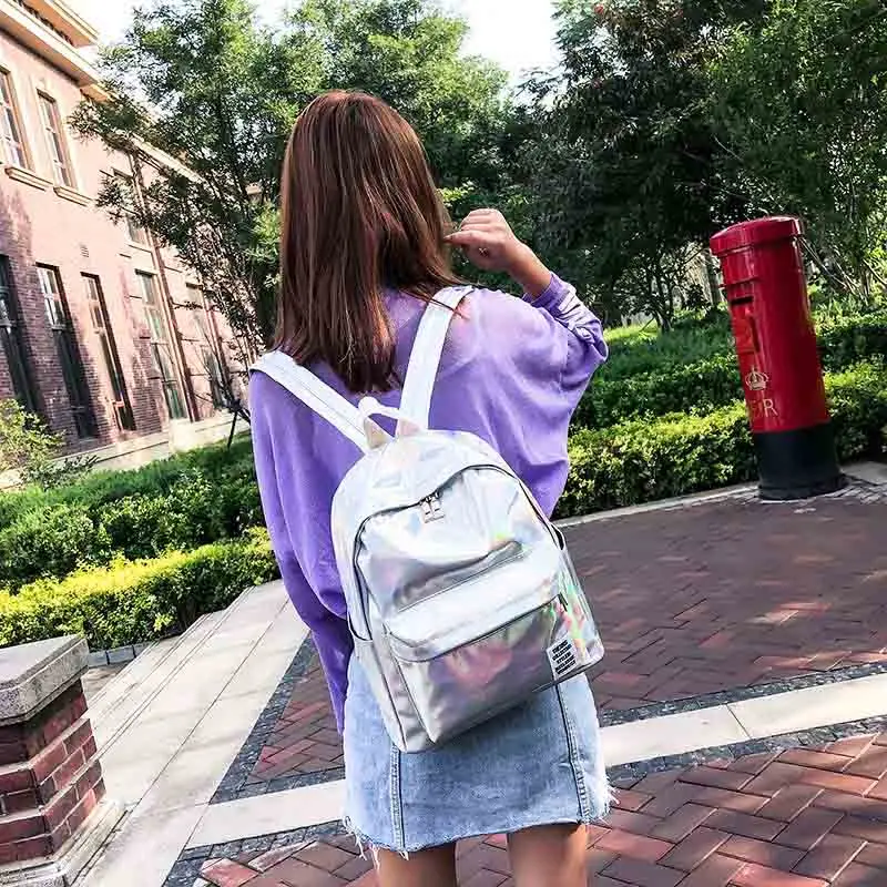 Brillo holográfico mochila para Mujer mochila para las chicas de la escuela láser de plata libro mochila la universidad mochila Mochilas Mujer 2018 XA398WB