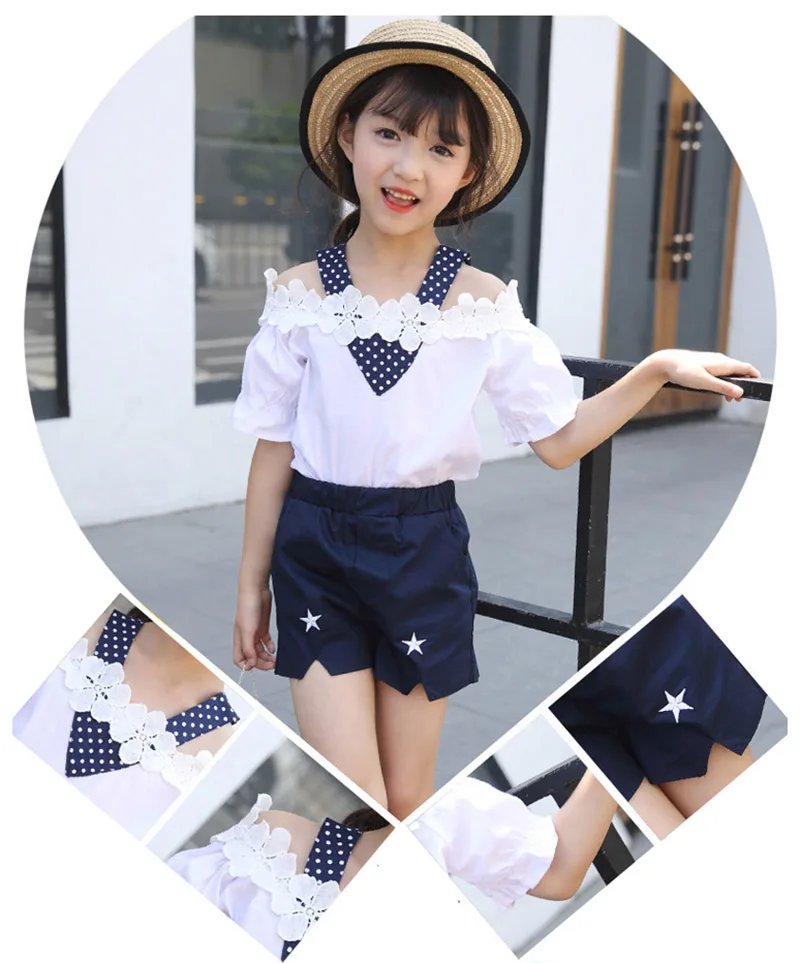 summer girls clothing sets children off-the-shoulder lace shorts pant two-piece girls clothing suit (12)