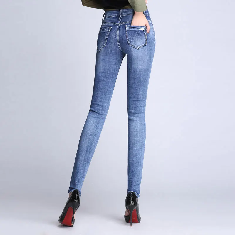 GEJIAN Female Washed Denim Skinny Pencil Pants plus size jeans Women Mom Jeans High Waist Jeans skinny jeans woman