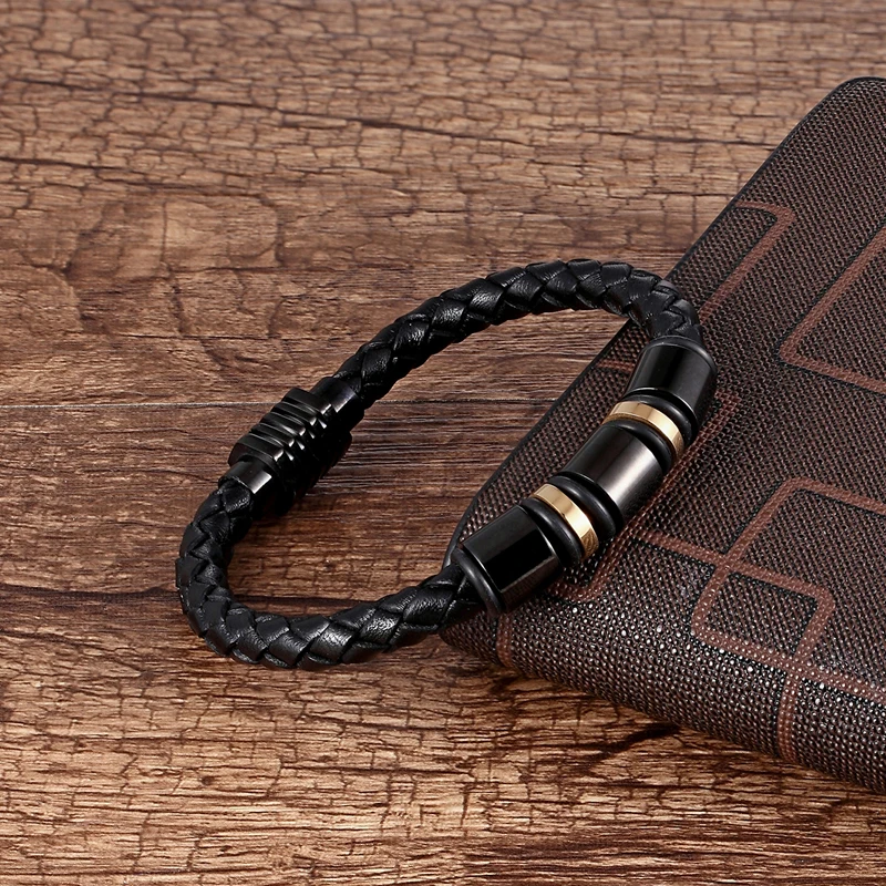 

Fashion men's first leather knitted bracelet stainless steel interval gold black bracelet simple hexagonal magnetic clasp for wo