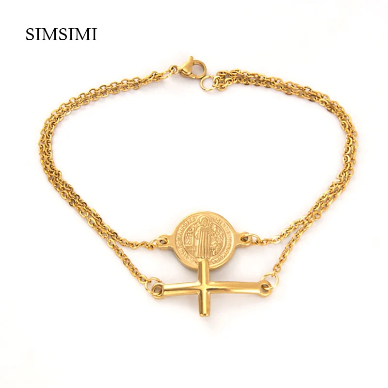 

100% stainless steel gold/silver religious bracelet Saint Benedict Medal Cross Charm Catholic Medals Bracelets For Women Men