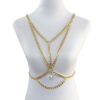 

BeUrSelf Crystal Body Chain Sexy Summer Beach Bikini Halter Punk Style Statement Gold Color Bra Fashion Jewelry Dropshipping