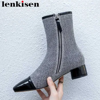 

Lenkisen concise brand cow leather featured zipper sequin studded mixed colors square toe med thick heel stretch ankle boots L50