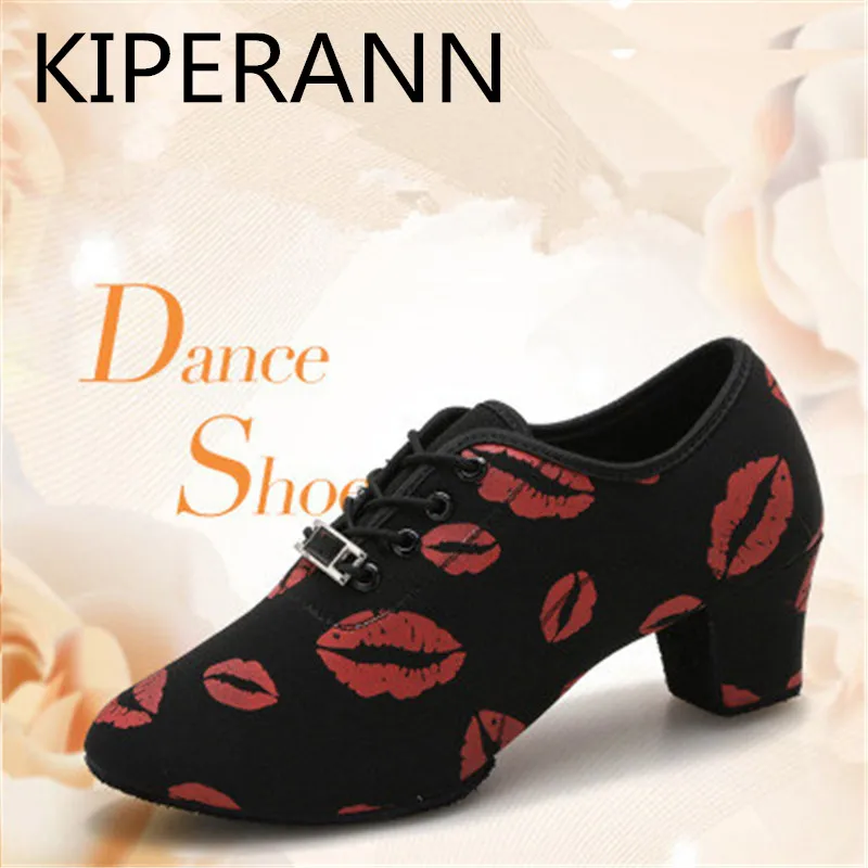 

KIPERANN black high heels 5 cm soft Oxford cloth Cha Cha teacher dance shoes print ballroom Latin dance shoes ladies adult tango