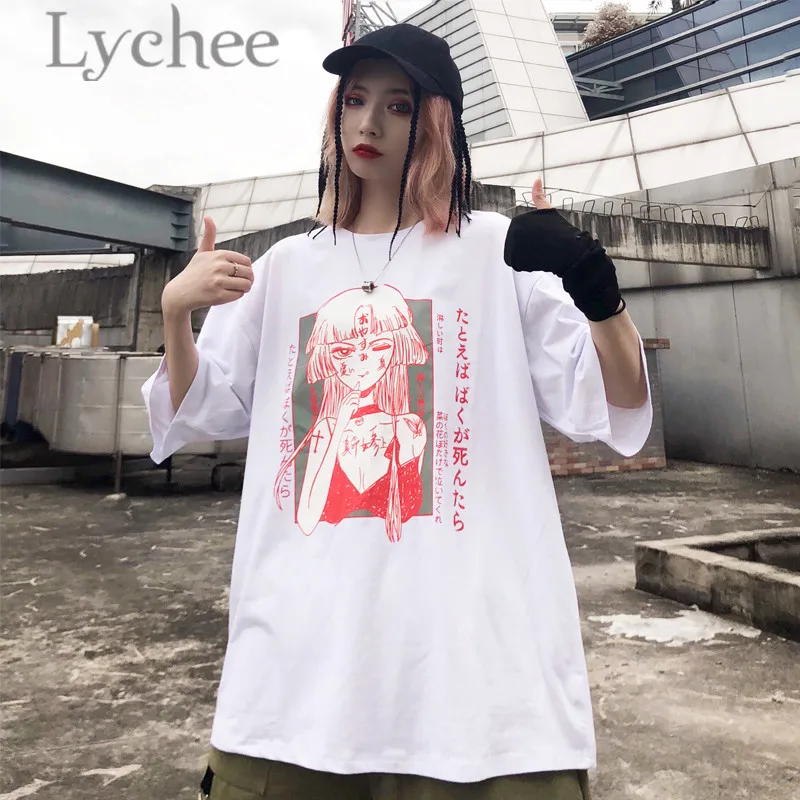 Lychee Harajuku Японская темная девушка принт Женская футболка футболки короткий рукав вырез лодочкой свободные лето весна женские футболки - Цвет: white