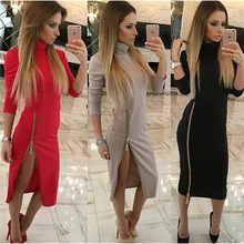 Kaywide High Neck New Autumn Women Casual Dress Side Zipper Up Split Sexy Party Dresses Long Sleeve Straight Vestidos