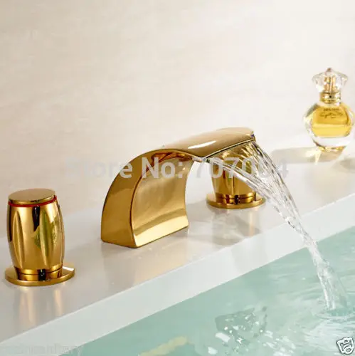 Free Shipping Wholesale And Retail Golden Color 3 Pcs Bathroom Widespread Sink Bathtub Basin Waterfall Faucet