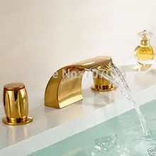 Free Shipping Wholesale And Retail Golden Color 3 Pcs Bathroom Widespread Sink Bathtub Basin Waterfall Faucet