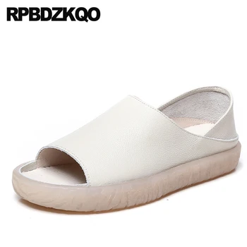 

Women Blue Sandals Genuine Leather Breathable Italian Creepers Ladies Beautiful Flats Shoes White Peep Toe Thick Sole Hollow Out