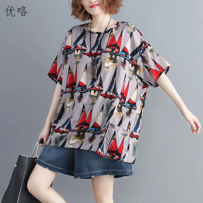 

Plus Size 4XL 5XL 6XL Women Cotton Linen T-Shirts 2019 Summer Fashion Printed Long Basic Tunic Tops Big Size Tee Shirt Female