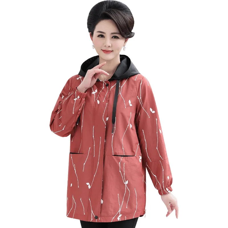 

Women's Jacket 2019 New Plus Size Spring Autumn Casual Elegance Hooded Loose Female Middle-aged Windbreaker Outwear Top Ladies