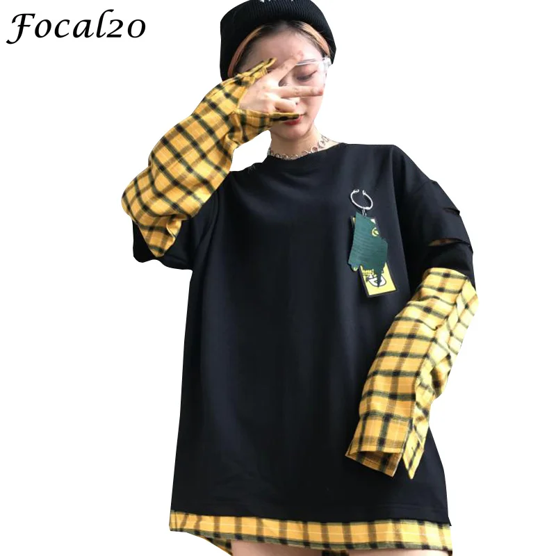 

Focal20 Harajuku Autumn Women Loose Plaid T-shirt Hole Long Sleeve Patchwork Oversize T Shirt Tee Top Streetwear