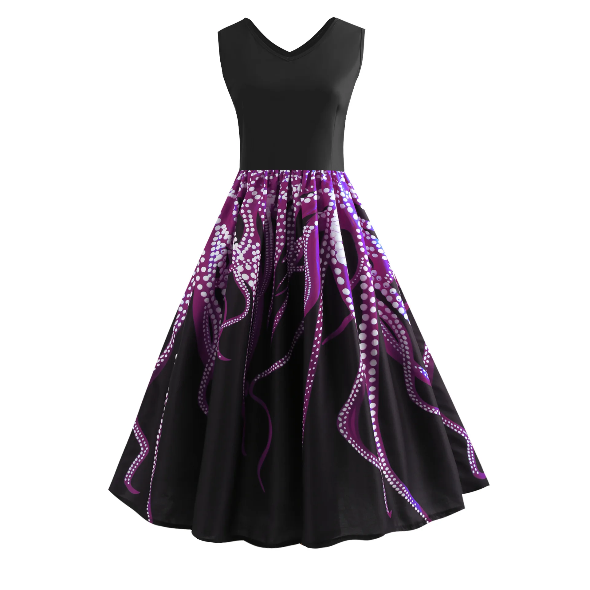 

Audrey Hepburn Vintage Dress Black Color Octopus Print Summer Retro Dress Summer Plus Size Rockabilly Feminino Vestidos