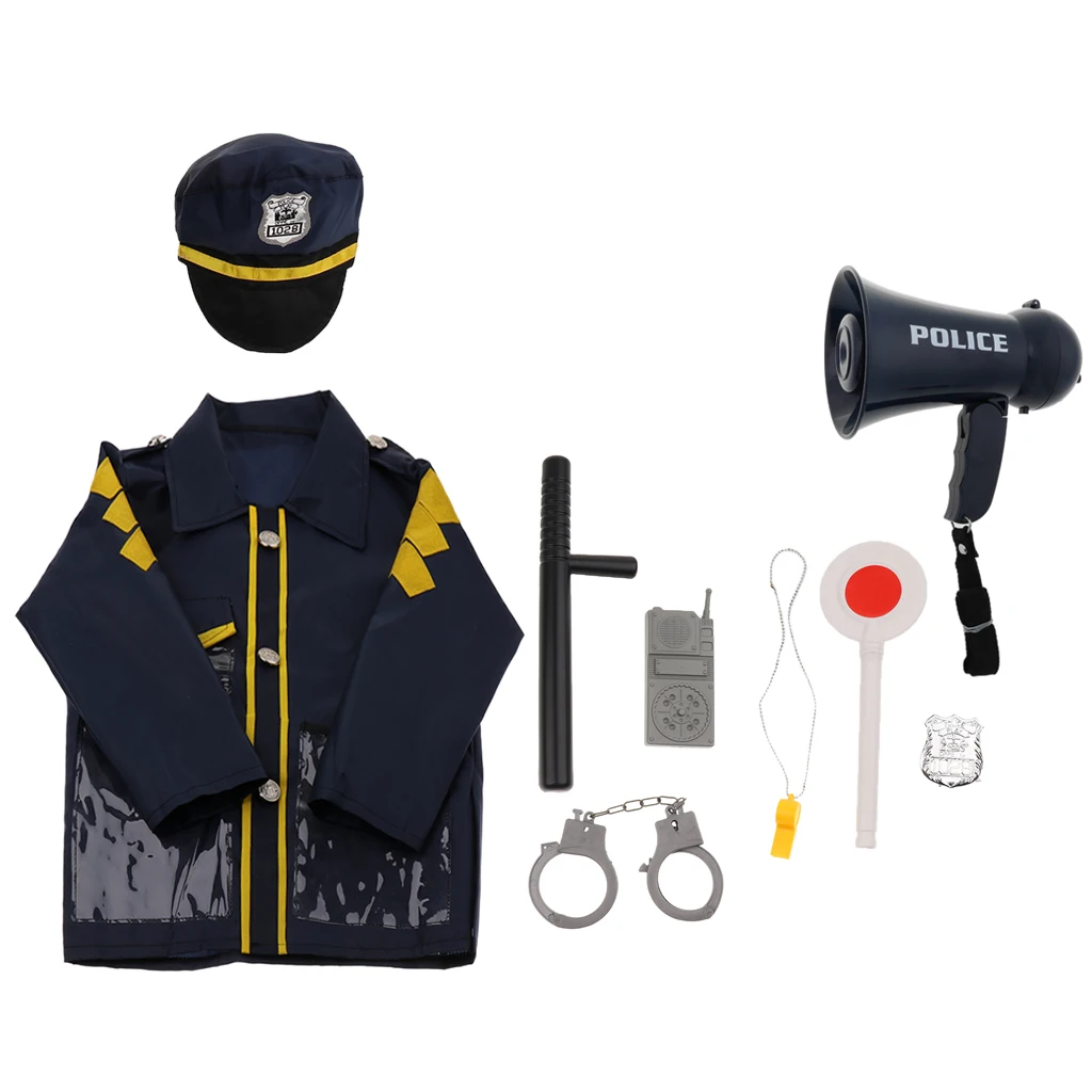 9pcs Toys Police Megaphone w/ Siren Sounds for Policeman Outfit Costume Dress Up Playset - Boy Detective Officer Role Play Game