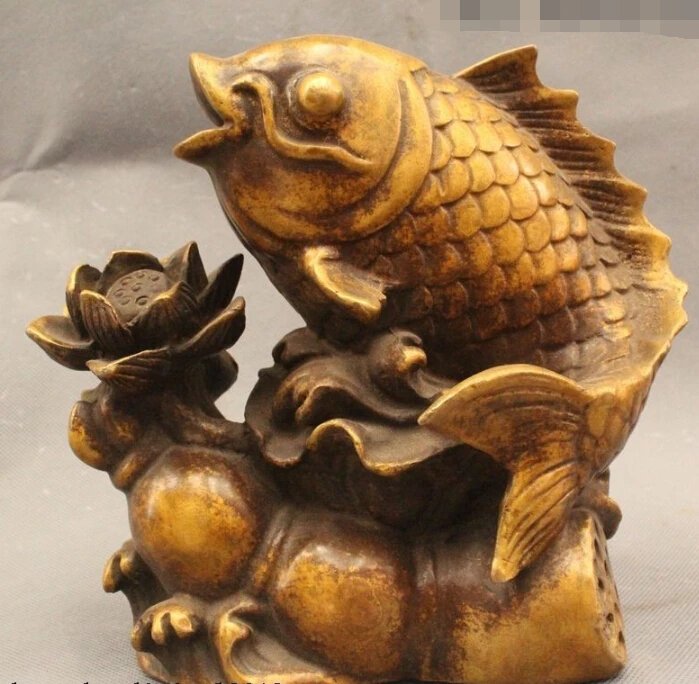 

8"China Chinese Fengshui Bronze Rich Year lotus flower Fish cyprinoid Statue