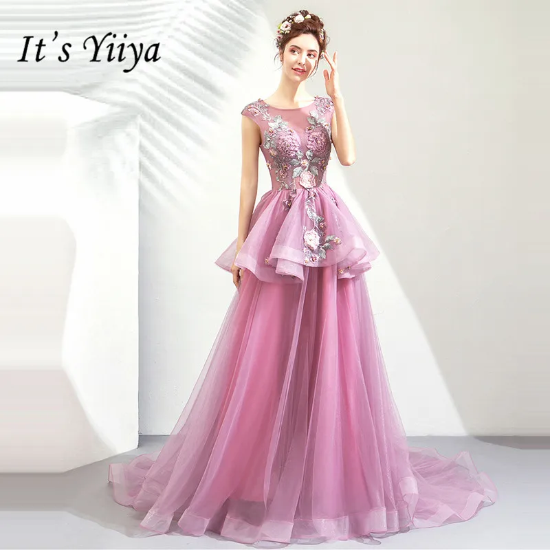 

It's YiiYa Prom Gowns Purple Sleeveless Court Train Beading Floor Length Long Party Dress Custom Plus Size Prom Dress 2019 E246