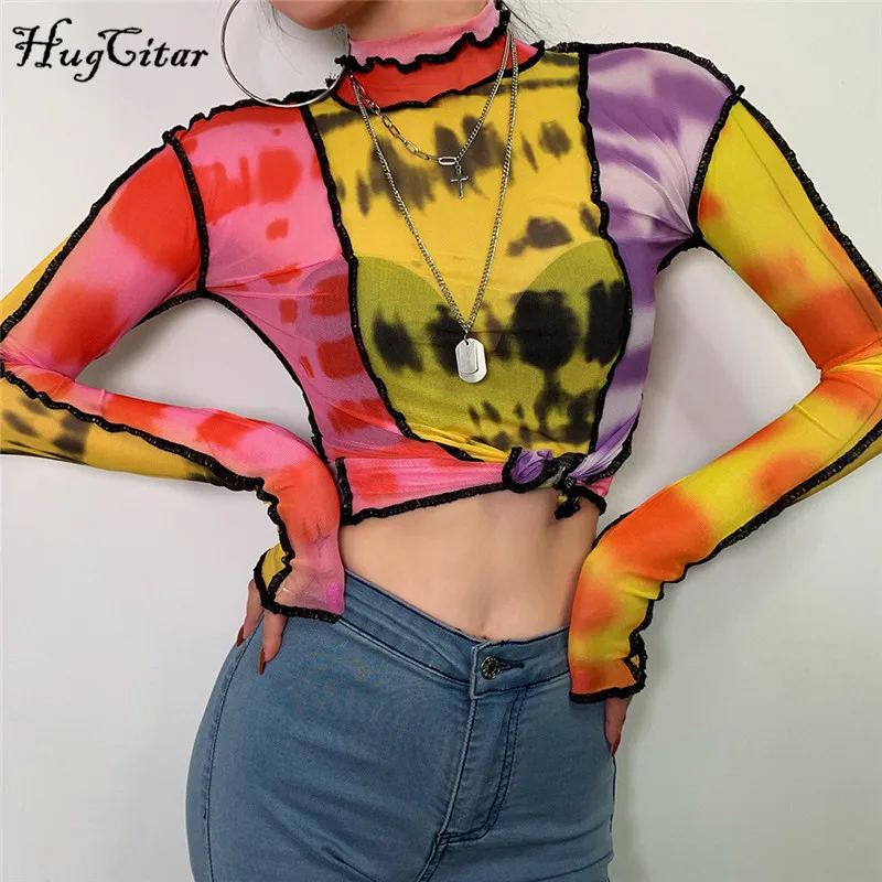 Günstige Hugcitar tie dye muster bunte mesh sexy tops 2019 sommer frauen mode langarm high neck patchwork club t hemd
