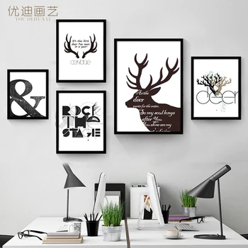 

black and white decorative painting frame painting Nordic bedroom bedside sofa backdrop combination mural deer