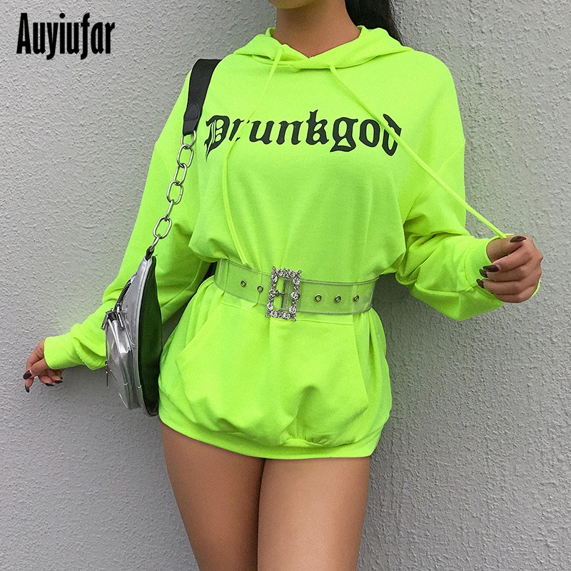 

Auyiufar Neon Green Long Sleeve Hooded Sweatshirt Loose Streetwear Gothic Letter Printed Tops Harajuku Pullover Women Autumn Top