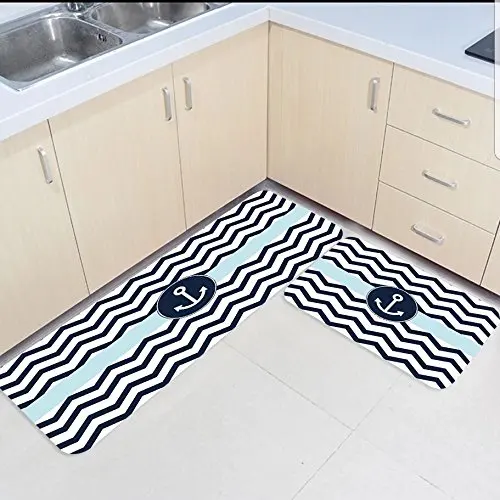 

2 Piece Kitchen Mats and Rugs Set Ocean Nautical Theme Anchor Home Deocr Non Skid Area Runner Doormats Carpet