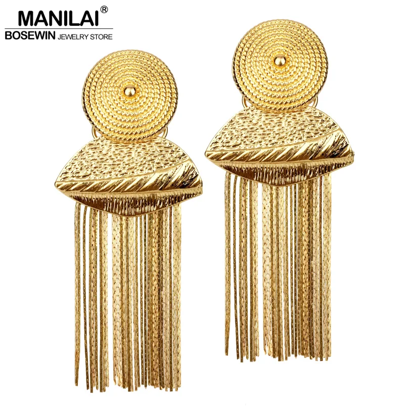 MANILAI Geometric Alloy Long Chain Tassel Earrings For Women Ethnic Jewelry Boho Statement Drop Dangle Earrings Fashion Gift