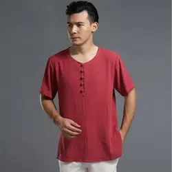 2019 Для мужчин льняные рубашки с коротким рукавом Китайский Стиль воротник-стойка традиционные кун-фу Тан рубашка на каждый день брендовая