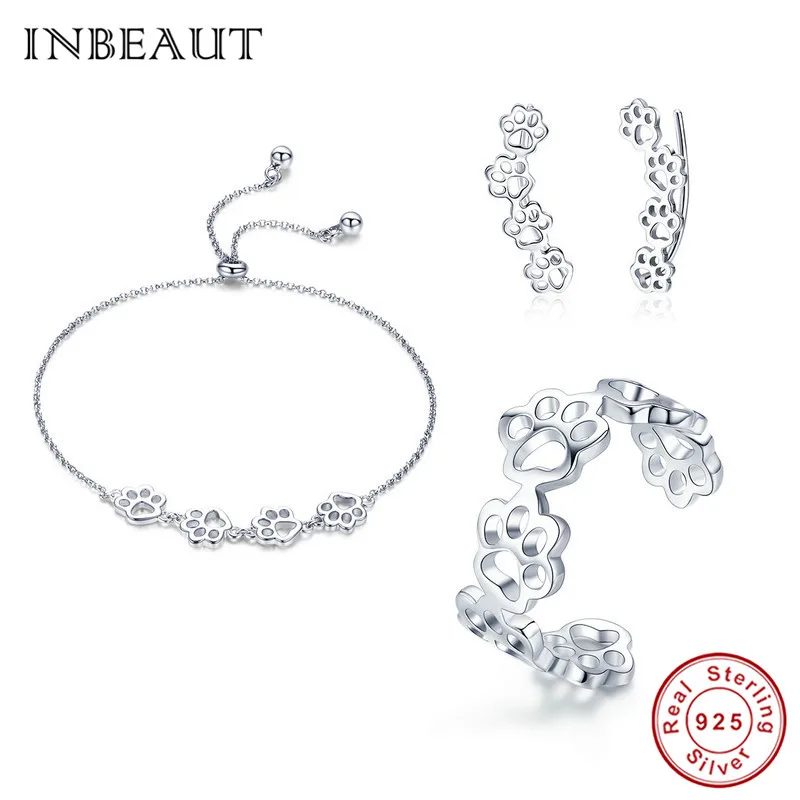 

INBEAUT Cut Cat Paw Bracelet Chain 925 Sterling Silver Pet Footprint Stackable Stud Earrings Animal Carved Ring Jewelry Sets