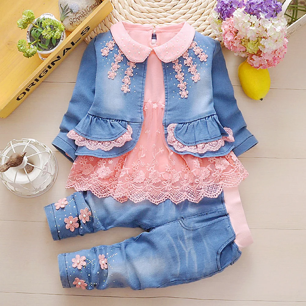 

Spring Autumn Infant Baby Girls Denim Clothing Set 3pcs Lace Long Sleeve T Shirts + Jeans Jacket+ Pants Outfit