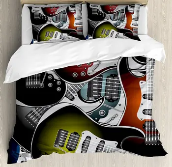 Best Popstar Party Duvet Cover Set Pile Of Graphic Colorful Electric Guitars Rock Music Stringed Instruments Bedding Set Multicolor