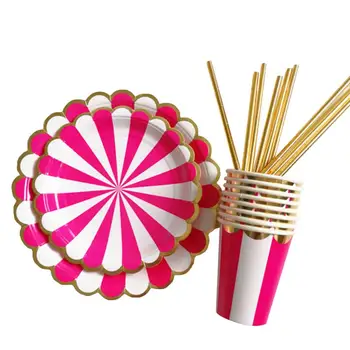 

4 Set Party Favor Golden Foil Paper Tableware for Banquet Wedding Birthday Party Include Paper Cup Paper Plate Paper Straw