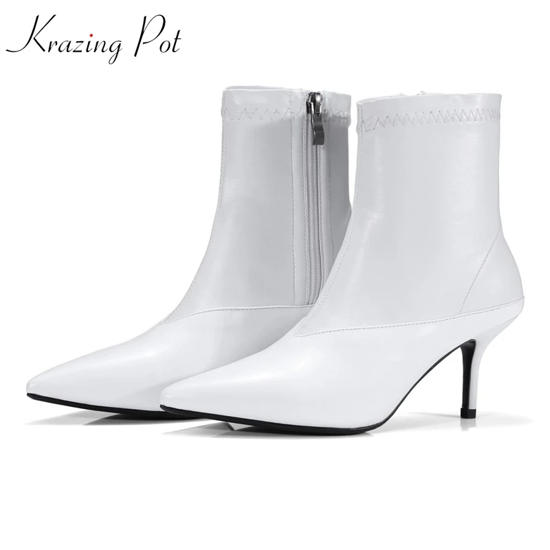 

Krazing Pot genuine leather new pointed toe Rome gladiator handsome stiletto heels career Chelsea stretch fabric ankle boots L87