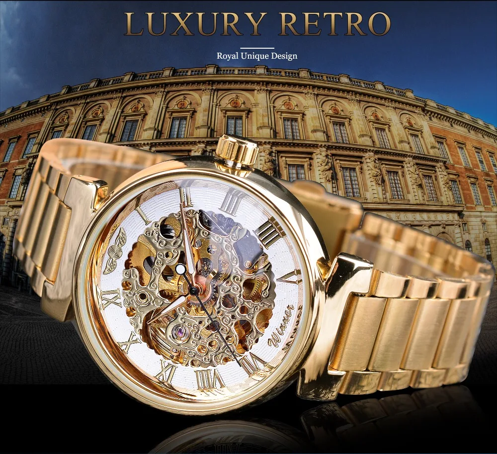 Победитель прозрачный Королевский золотой цветок резьба открытая работа Римский номер нержавеющая сталь мужские механические часы лучший бренд класса люкс