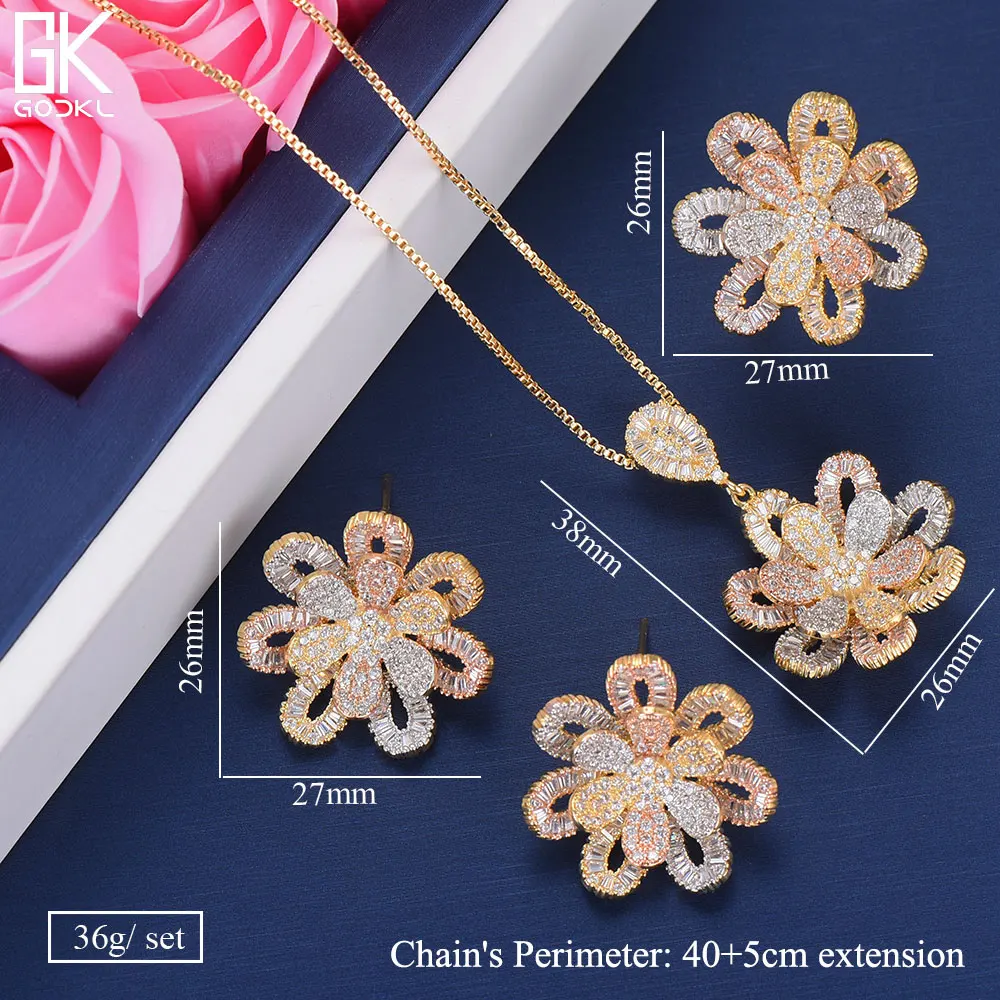 GODKI Luxury Flower Nigerian Cubic Zircon Ring Necklace Earring Jewelry Sets For Women Wedding Indian Dubai Bridal Jewelry Sets