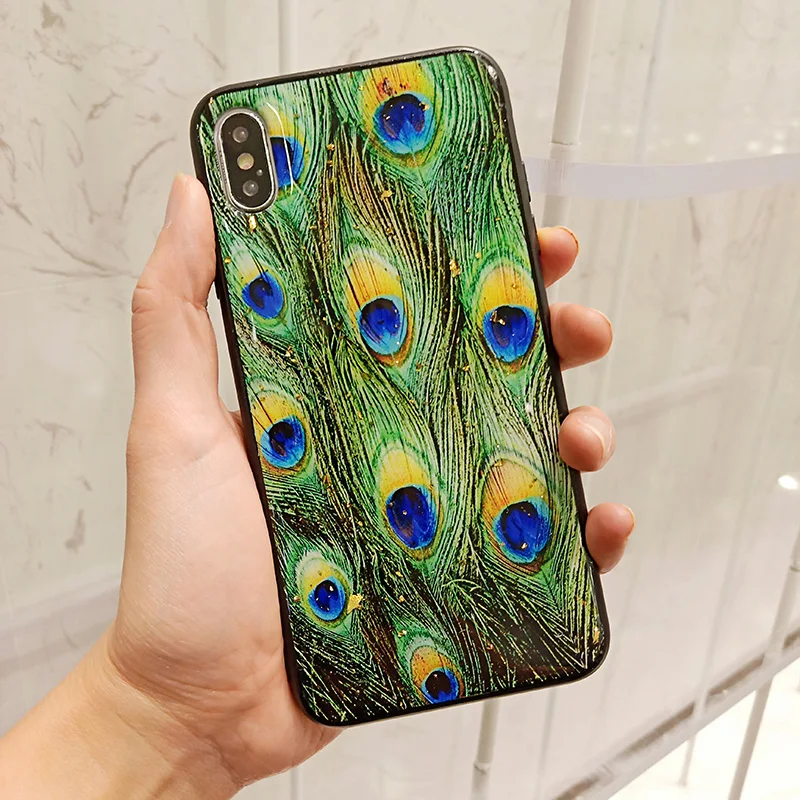 Luxury Peacock Feather Case for iPhone X XS Max XR Glossy Hard Capa Fundas 8 7 6 6S Plus Glitter Cover For Girls |