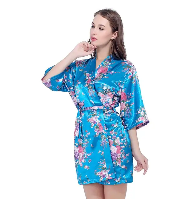 Silk Satin Wedding Bride Bridesmaid Robe Floral Bathrobe Short Kimono