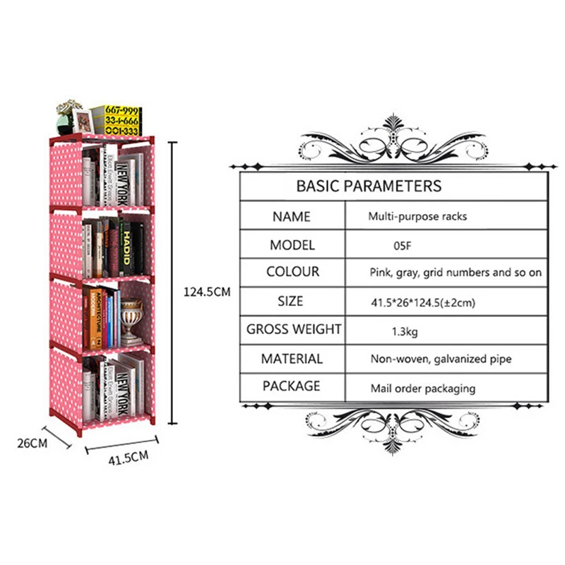 Simple 4 grid Bookshelf non-woven Steel pipe structure Easy assembly Removable bookcase Living Room Furniture Storage shelf