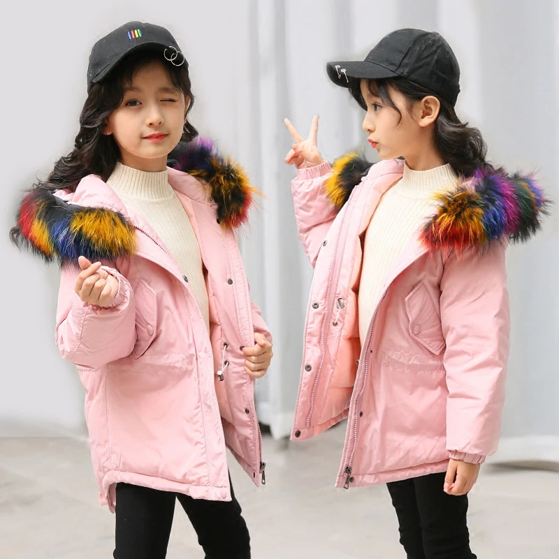 

Girls Down Jackets 2017 Brand Winter Thicken Natural Fur Collar Hooded Children Down Coats Outerwear Overcoat Parkas