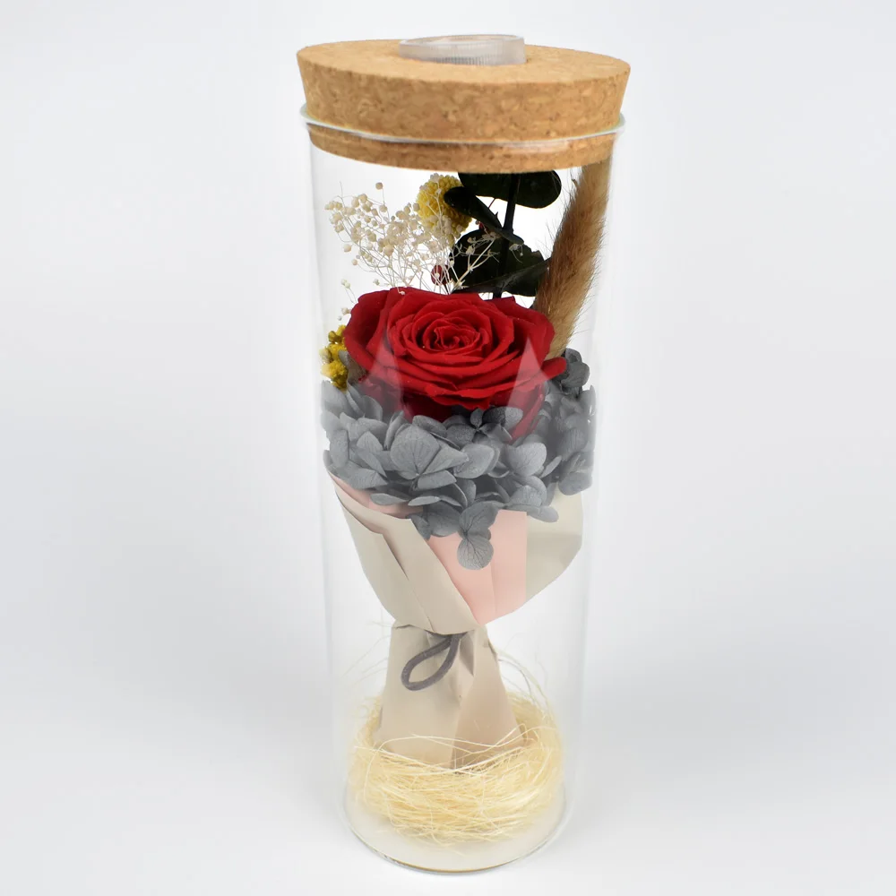 

Preserved fresh Rose Flower Bouquet In Glass Dome With Led light For Birthday Mother day Gift