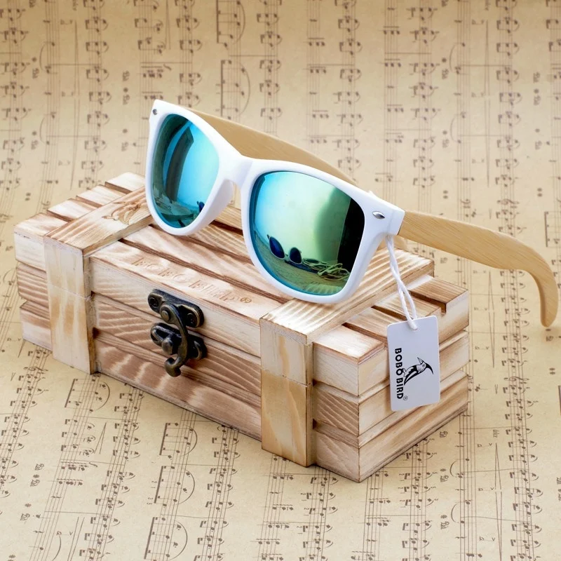 Promotion BOBO BIRD Womens Mens Bamboo Wooden Sunglasses White Frame eyewear With Coating Mirrored UV 400 Lenses in Wooden Box designer sunglasses for women Sunglasses