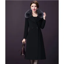 Женское зимнее длинное шерстяное пальто с меховым воротником, однотонное черное теплое двубортное шерстяное пальто, элегантное тонкое длинное шерстяное пальто 16-938