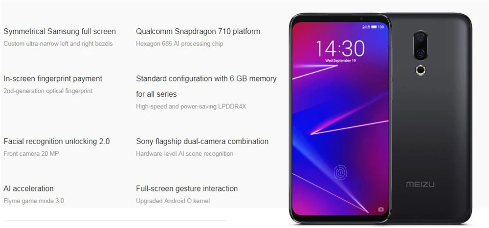 Глобальная версия Meizu 16, 16X6 Гб ОЗУ, 64 Гб ПЗУ, отпечаток пальца ID, Восьмиядерный процессор Snapdragon 710, 6,0 дюйма, экран 2160x1080 P, мобильный телефон