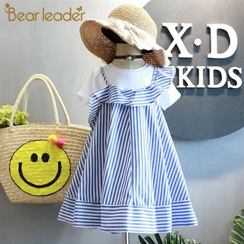 

Bear Leader Girls Clothes 2020 Summer Girls Dresses College Style Fake-2pcs Shortsleeve Ruffles Striped Umbrella Princess Dress