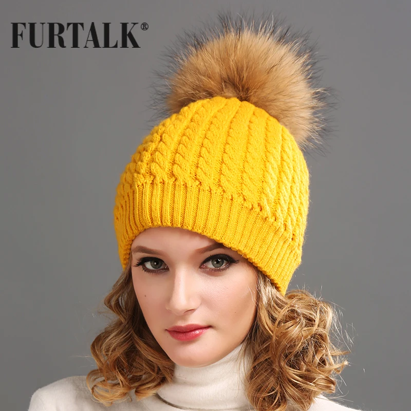 Furtalk Русский Реального Меховая Шапка Двойная Подкладка Енота Пом Hat Женщин Зимняя