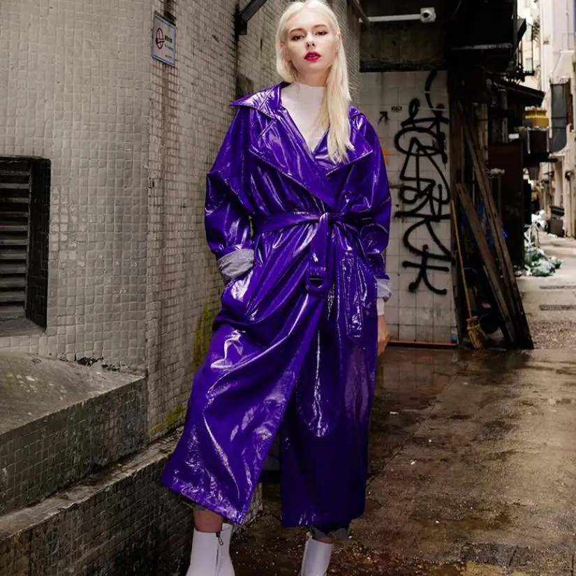 

2018 Autumn Fashion Women's PU Windbreaker Glossy Jacket Female Long Coat Patent Leather Plus Size Purple Leather Outwear L1124