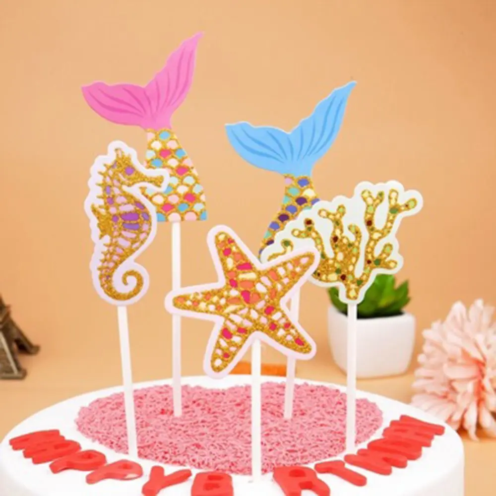 

5Pcs/Set Biling Star Fishtail Shell Starfish Mermaid Cake Topper for Dessert Cake Topper Pick Wedding Party Table Decoration