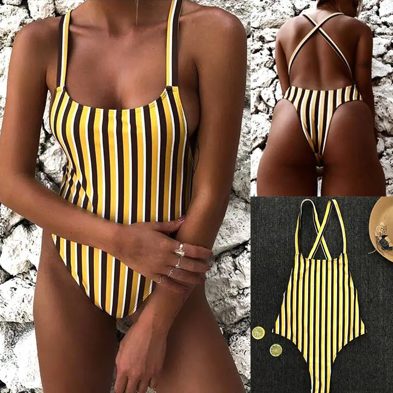 2018 Summer Swimwear Women One Piece Swimsuit Striped Bathing Suit 